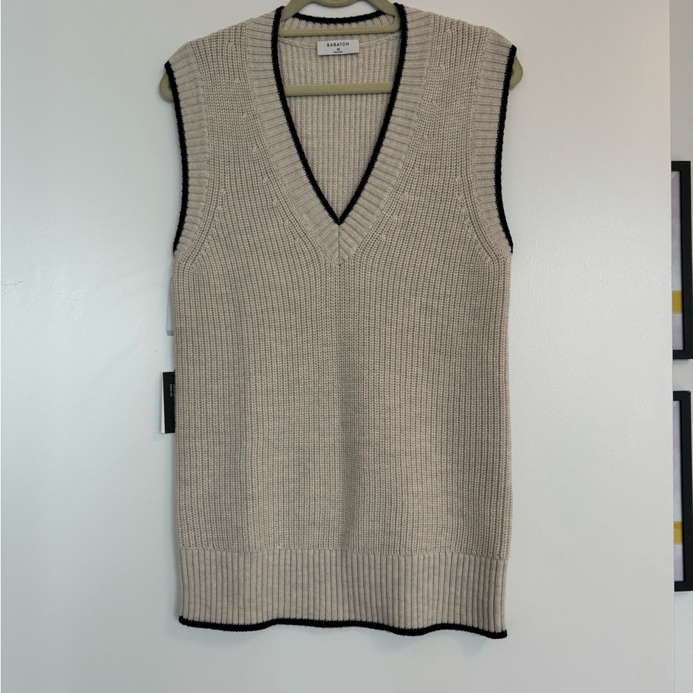 Babaton Cream V-Neck Sleeveless Knit Sweater with Black Trim